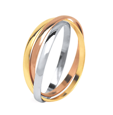 18K ROSE YELLOW WHITE GOLD TRIPLE RING, THREE BRAIDED 2.2mm RINGS MADE IN ITALY.