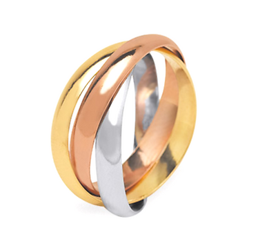 18K ROSE YELLOW WHITE GOLD TRIPLE RING, THREE BRAIDED 3.5mm RINGS MADE IN ITALY.