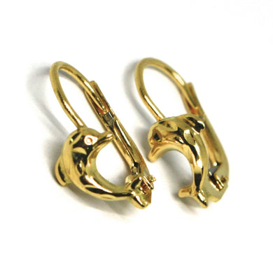 18k yellow gold kids earrings, hammered dolphin, leverback closure, Italy made.