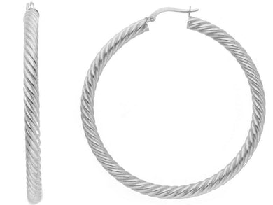18K WHITE GOLD HOOPS EARRINGS DIAMETER 50mm, TUBE 4mm STRIPED TWISTED BRAIDED.