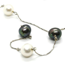 Load image into Gallery viewer, 18K WHITE GOLD LARIAT NECKLACE VENETIAN CHAIN BLACK &amp; WHITE PEARLS 8.5 MM
