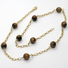 Load image into Gallery viewer, 18K YELLOW GOLD NECKLACE OVAL ROLO CHAIN ALTERNATE WITH TIGER&#39;S EYE BALLS 8 MM.
