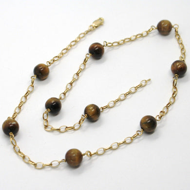18K YELLOW GOLD NECKLACE OVAL ROLO CHAIN ALTERNATE WITH TIGER'S EYE BALLS 8 MM.