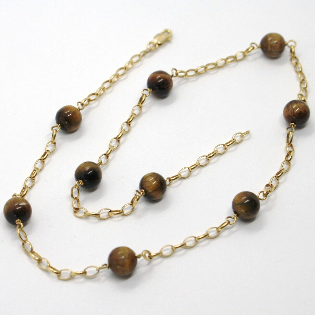 18K YELLOW GOLD NECKLACE OVAL ROLO CHAIN ALTERNATE WITH TIGER'S EYE BALLS 8 MM.