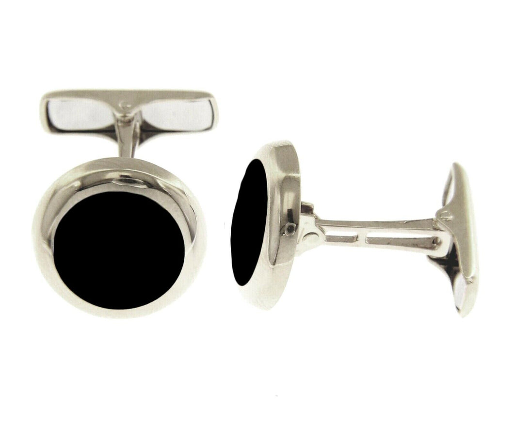 18k white gold cufflinks, round 15mm button, smooth, black onyx, made in Italy