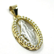 18k yellow white gold miraculous medal, mother of pearl, zirconia, pendant.