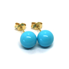 Load image into Gallery viewer, 18k yellow gold 8mm spheres balls reconstructed turquoise button earrings.
