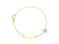 18k yellow gold kid child bracelet enamel daisy flower, rolo, engraving plate.