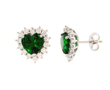 Load image into Gallery viewer, 18k white gold heart earrings, green crystal, cubic zirconia frame.
