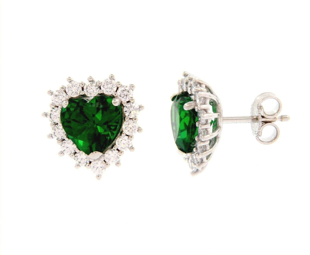 18k white gold heart earrings, green crystal, cubic zirconia frame.