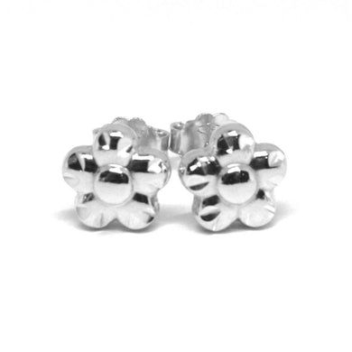 18k white gold kids earrings, finely hammered mini flower daisy, 0.3 inches.