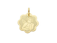 18K YELLOW GOLD FLOWER MEDAL PENDANT WITH GUARDIAN ANGEL MADE IN ITALY.