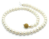 18k yellow gold 8/8.5 mm round white freshwater pearls necklace, 45cm 18