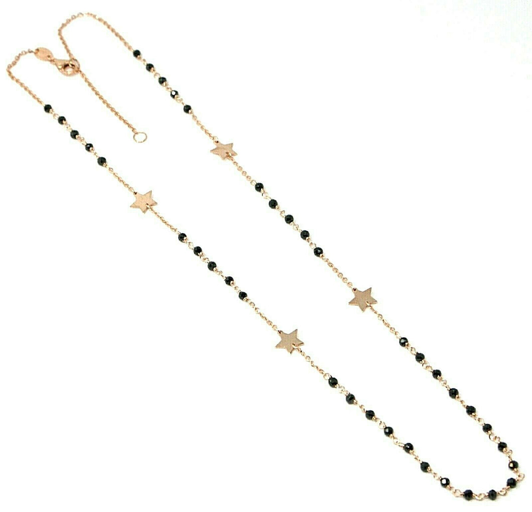 18k rose gold necklace, faceted black spinel, flat stars, rolo chain alternate