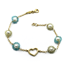 Load image into Gallery viewer, 18k yellow gold heart bracelet, green blue zirconia and freshwater pearls flower.
