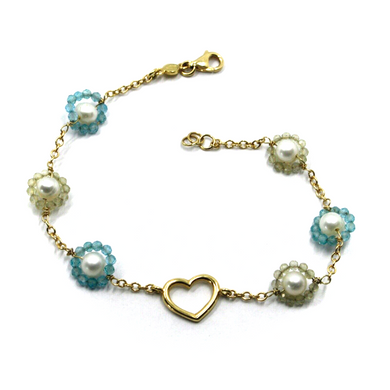 18k yellow gold heart bracelet, green blue zirconia and freshwater pearls flower.