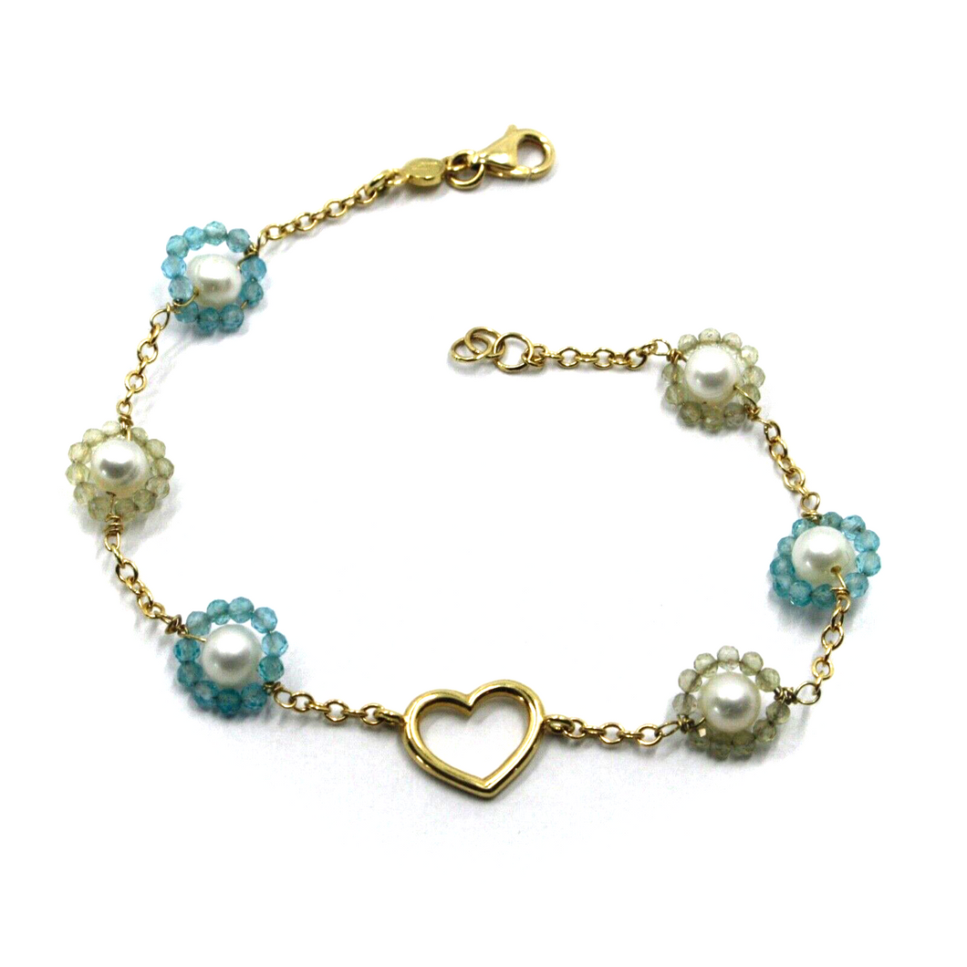 18k yellow gold heart bracelet, green blue zirconia and freshwater pearls flower.