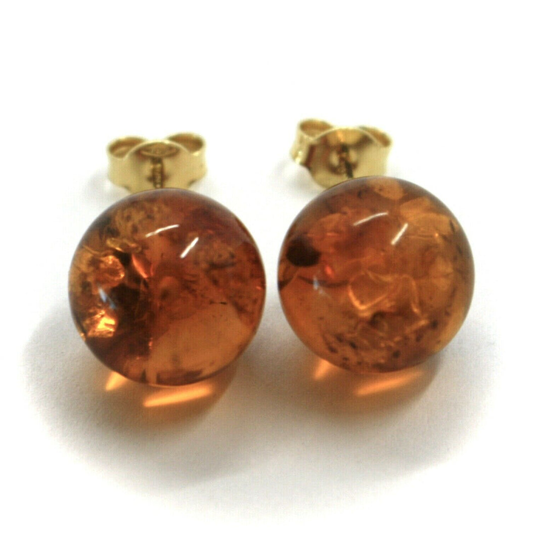 18k yellow gold lobe earrings orange big amber 12.5mm spheres butterfly closure.