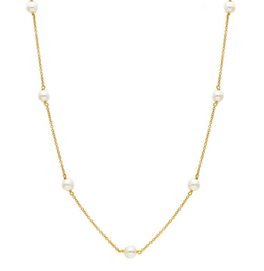 18k yellow gold necklace, rolo 1mm chain alternate white small pearls 5mm.
