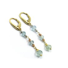 Load image into Gallery viewer, 18k yellow rose white earrings pendant earrings, faceted aquamarine and spheres.
