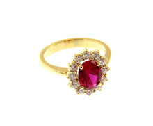 Load image into Gallery viewer, 18K YELLOW GOLD FLOWER RING BIG OVAL 9x7mm RED CRYSTAL CUBIC ZIRCONIA FRAME.
