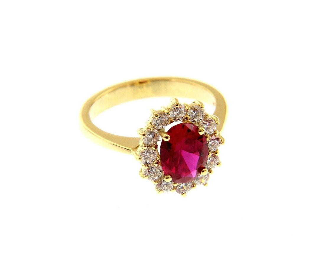 18K YELLOW GOLD FLOWER RING BIG OVAL 9x7mm RED CRYSTAL CUBIC ZIRCONIA FRAME.