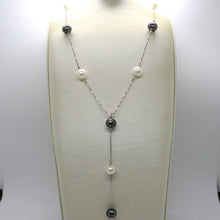Load image into Gallery viewer, 18K WHITE GOLD LARIAT NECKLACE VENETIAN CHAIN BLACK &amp; WHITE PEARLS 8.5 MM
