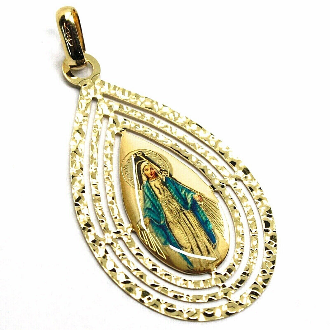 18k yellow drop gold big 35mm miraulous medal Virgin Mary triple worked frame