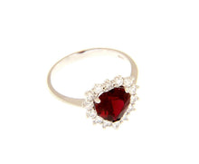 Load image into Gallery viewer, 18k white gold heart ring with red recrystallized ruby and cubic zirconia frame.
