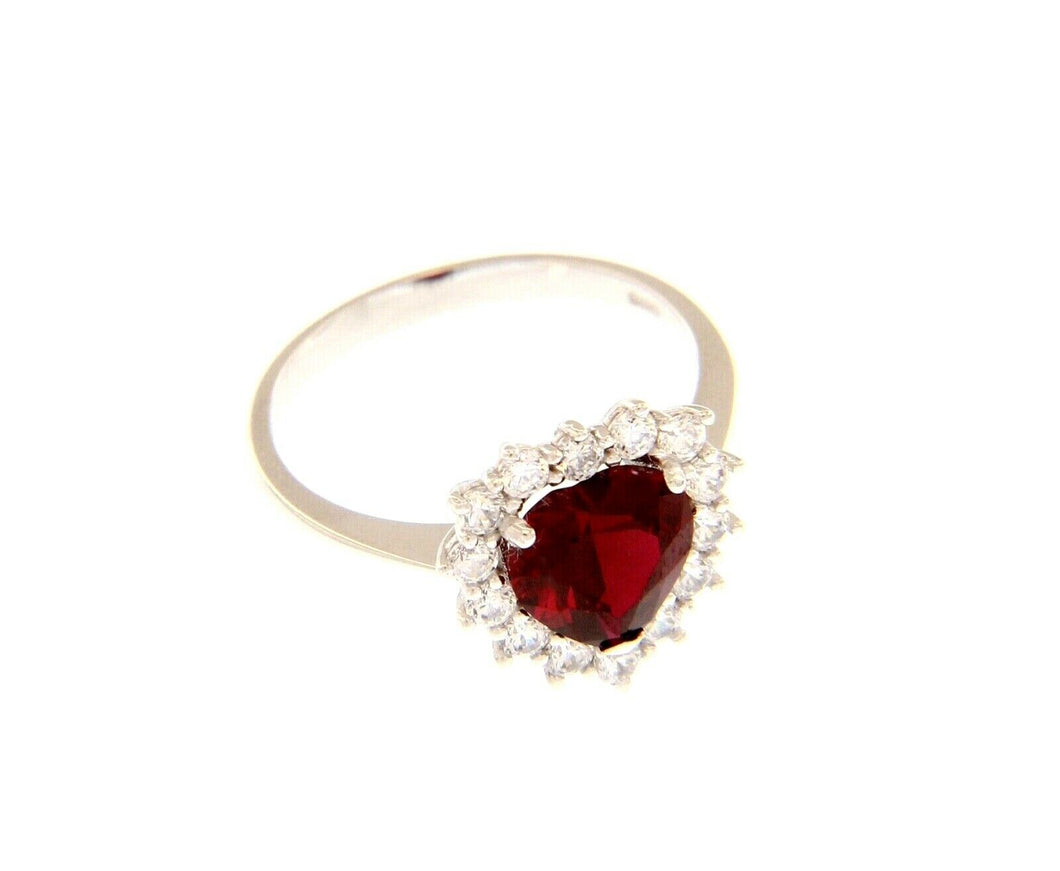 18k white gold heart ring with red recrystallized ruby and cubic zirconia frame.