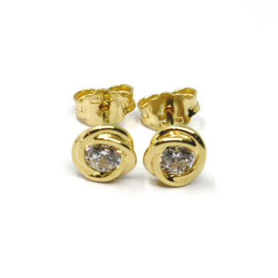 18K YELLOW GOLD MINI BUTTON EARRINGS CUBIC ZIRCONIA, FLOWER BRAIDED SPIRAL, 6 MM.