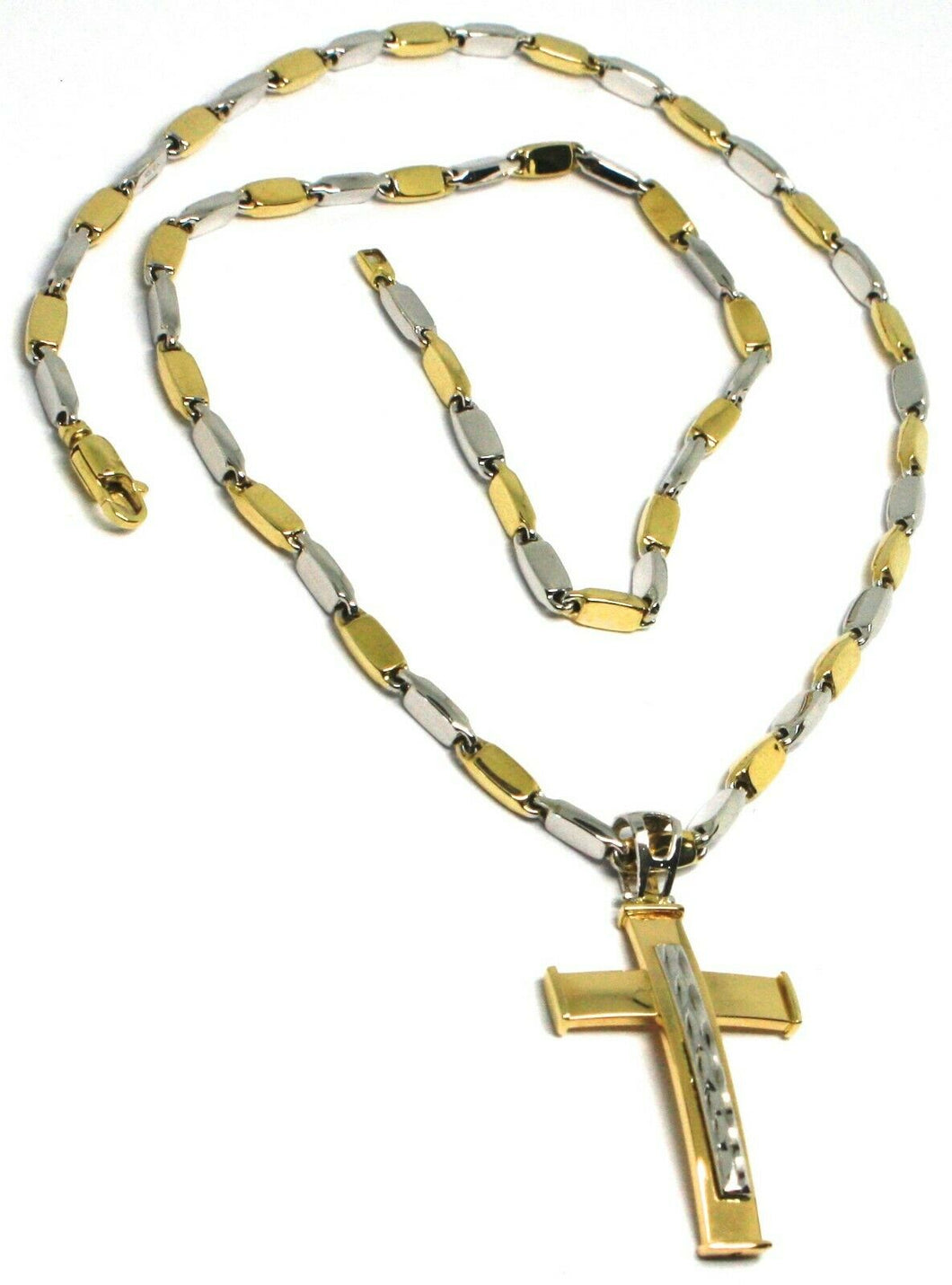 18K YELLOW WHITE GOLD TUBE ALTERNATE CHAIN, 20 INCHES & WORKED CURVED CROSS.