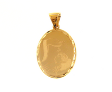 Load image into Gallery viewer, SOLID 18K YELLOW GOLD CHRISTIAN BAPTISM OVAL MEDAL, 20mm WITH WORKED FRAME.
