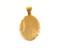 SOLID 18K YELLOW GOLD CHRISTIAN BAPTISM OVAL MEDAL, 20mm WITH WORKED FRAME.