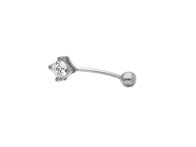 18K WHITE GOLD PIERCING BARBELL CURVE BANANA BALLS 4mm BELLY BODY WITH ZIRCONIA.