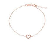 18K ROSE GOLD BRACELET, ROLO 1mm CHAIN , CENTRAL CUBIC ZIRCONIA HEART, 7.1