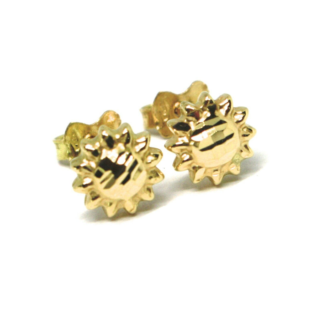 18k yellow gold kids earrings, finely worked hammered mini sun, 0.3 inches.