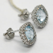 Load image into Gallery viewer, 18k white gold earrings cushion square blue topaz, zirconia frame
