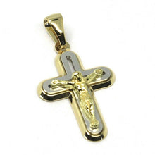 Load image into Gallery viewer, SOLID 18K YELLOW WHITE GOLD ROUNDED JESUS CROSS PENDANT, MADE IN ITALY, 0.8&quot; 2cm
