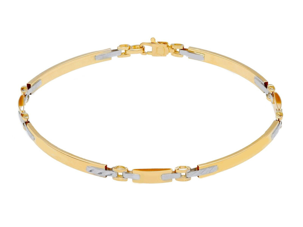 18K YELLOW WHITE GOLD MAN SEMI RIGID THIN BRACELET ALTERNATE 3mm WORKED PLATES.