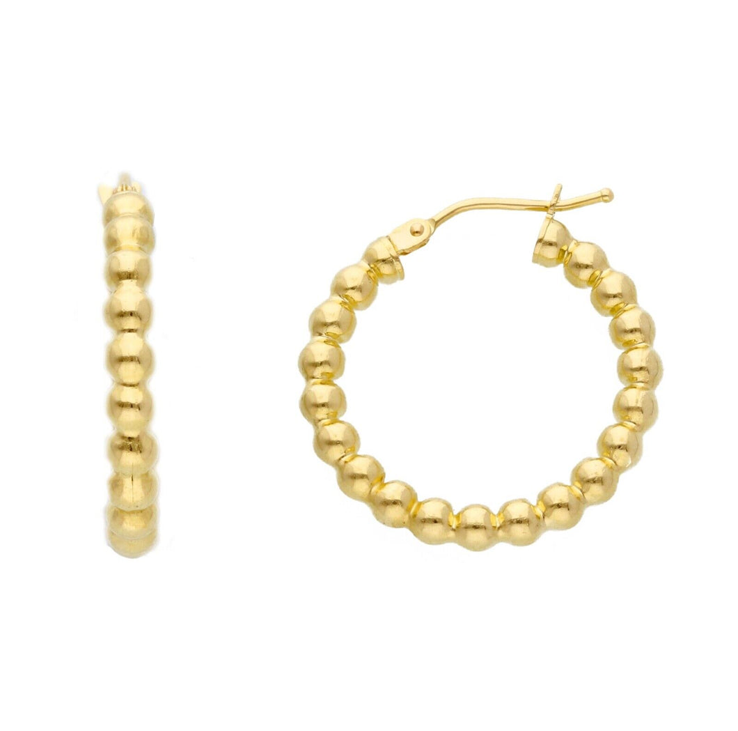 18K YELLOW GOLD HOOPS CIRCLE 20mm EARRINGS WITH SMOOTH 3mm SPHERES, BALLS.