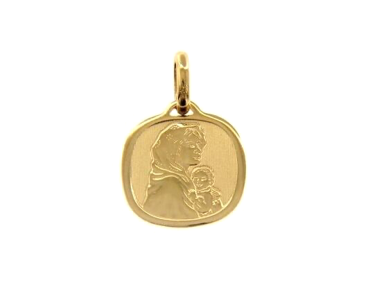 18K YELLOW GOLD PENDANT SQUARE MEDAL VIRGIN MARY AND JESUS 16mm ENGRAVABLE