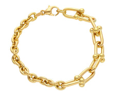 Cargar imagen en el visor de la galería, 18K YELLOW GOLD BRACELET HALF 6mm ROLO AND HALF 8mm HORSE STIRRUP, 19cm 7.5&quot;.
