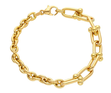 18K YELLOW GOLD BRACELET HALF 6mm ROLO AND HALF 8mm HORSE STIRRUP, 19cm 7.5