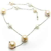 Load image into Gallery viewer, 18k white gold lariat necklace, venetian chain white &amp; peach big pearls 16 mm
