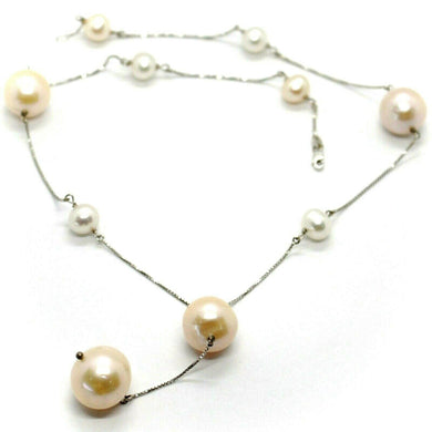 18k white gold lariat necklace, venetian chain white & peach big pearls 16 mm.