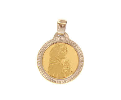 18K YELLOW WHITE GOLD PENDANT ROUND MEDAL VIRGIN MARY & JESUS 17mm WORKED FRAME.