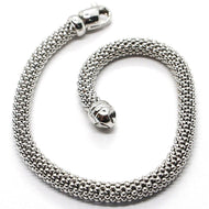 18k white gold bracelet, 18.5 cm, 7.3 inches, basket weave tube, popcorn 5 mm.
