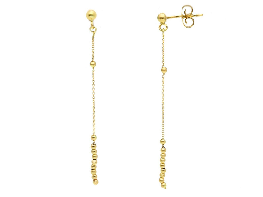 18K YELLOW GOLD PENDANT EARRINGS, SMOOTH SMALL 2mm SPHERES BALLS, LENGTH 55mm.