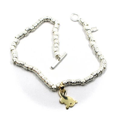 925 STERLING SILVER TUBES CUBES BRACELET, 9K YELLOW GOLD 15mm RABBITT PENDANT.